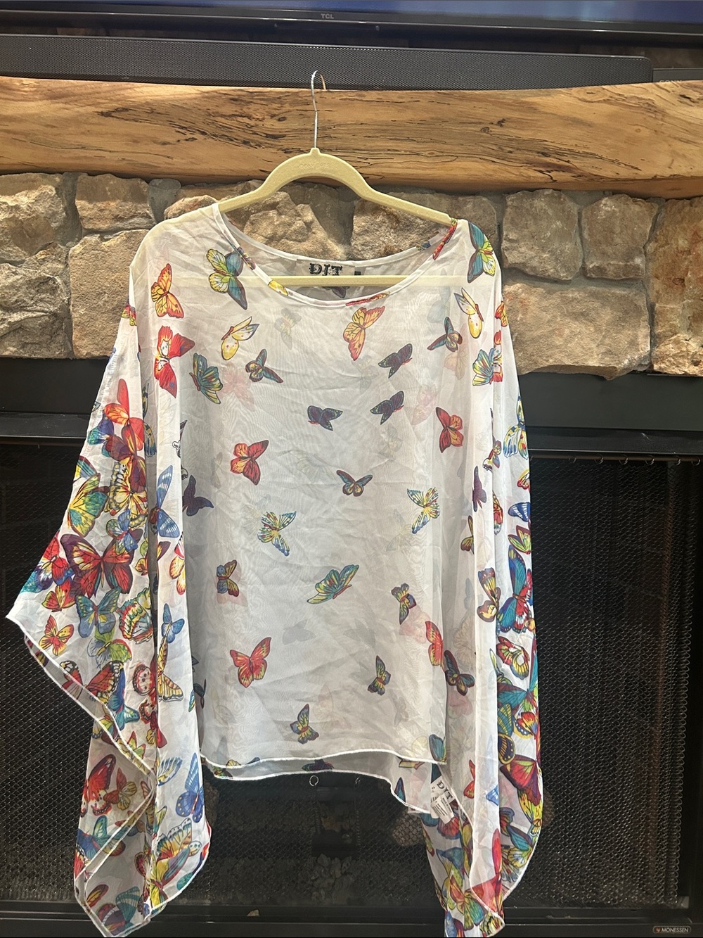 Sheer White Butterfly Print Poncho Tunic - Lightweight Layering Top